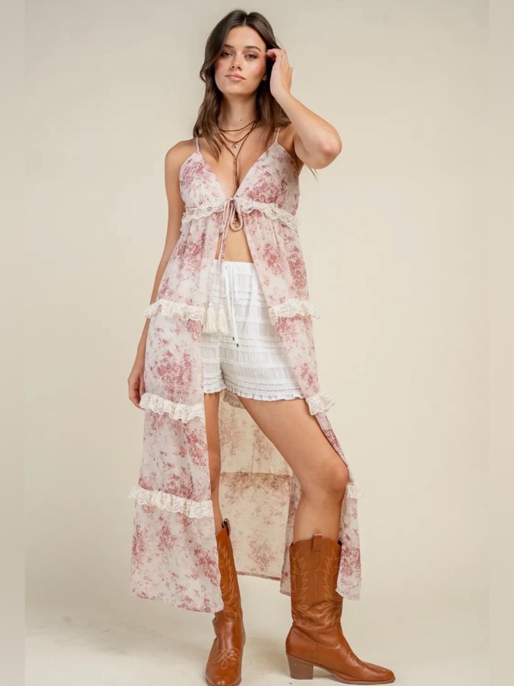 Cami Midi Tie Front Top w/ Lace
Tiered Detail Duster -